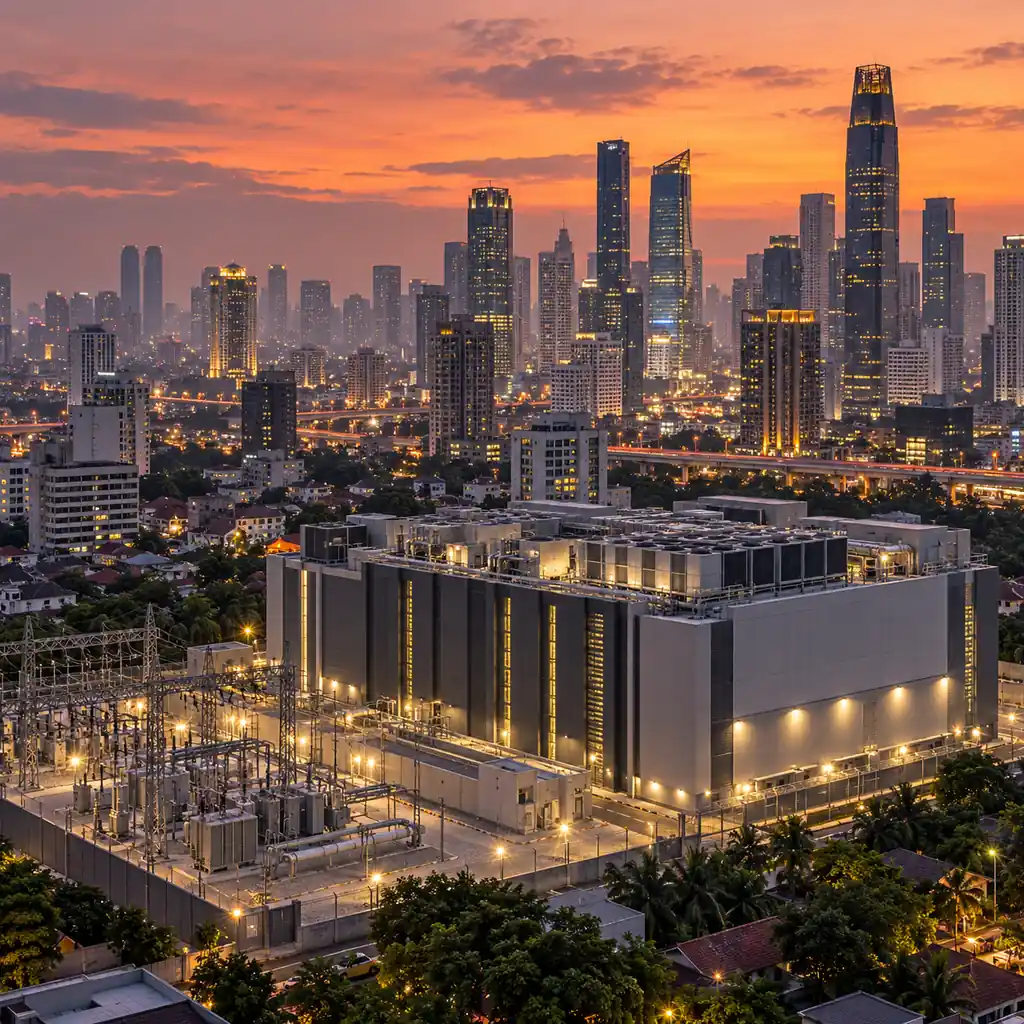 Jakarta skyline at dusk with data center construction and power infrastructure