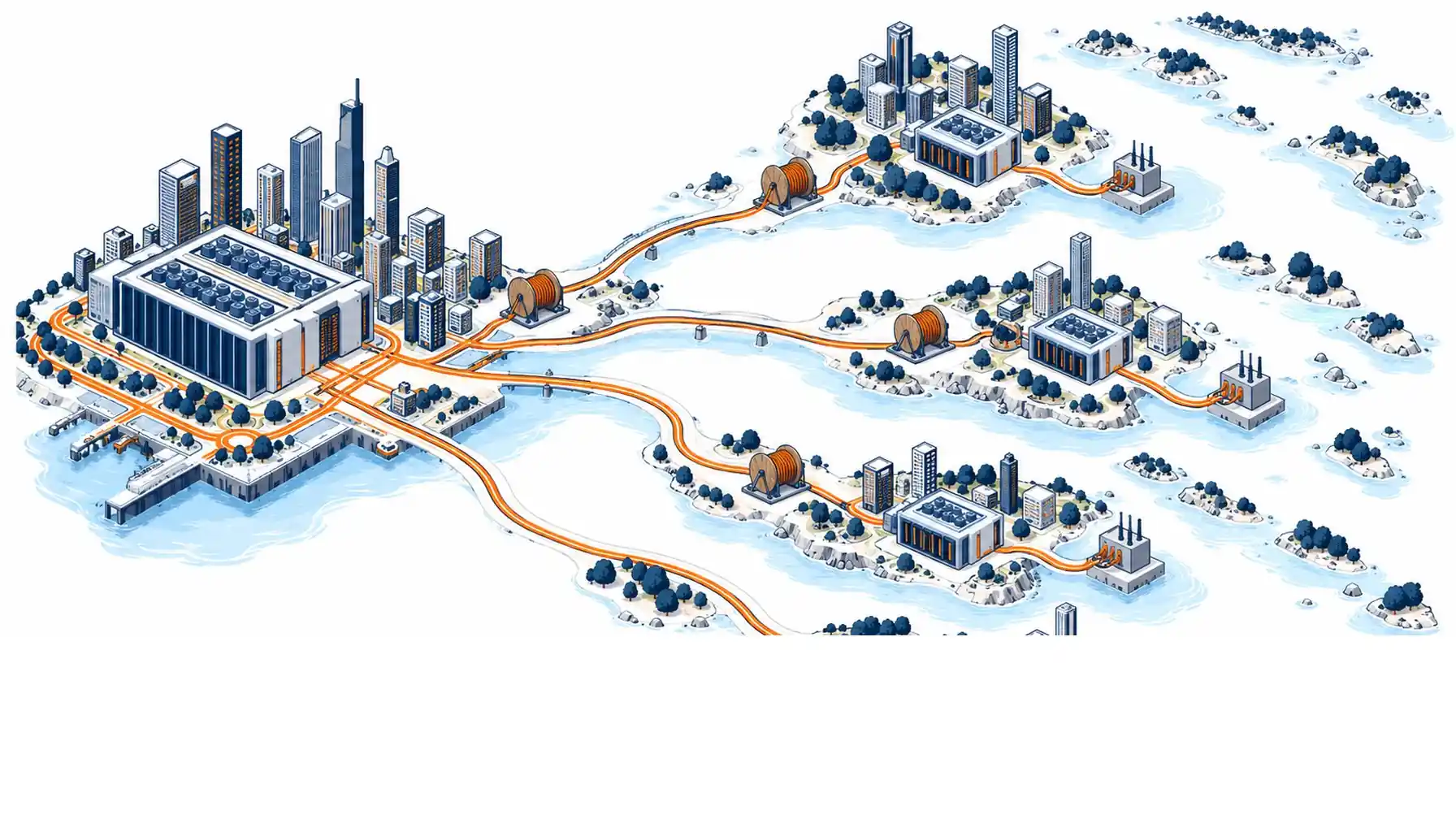 Isometric illustration of demand expanding outward from a Jakarta core along Java's corridors to secondary metros, each wave carrying a data hall