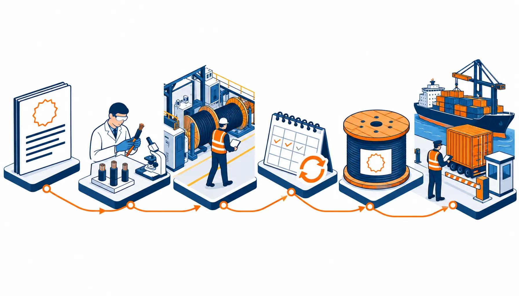 Isometric illustration of the SNI route from standard and testing through factory audit and surveillance to a marked drum clearing customs
