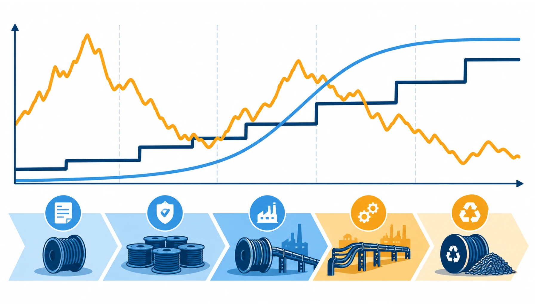Flat infographic of industrial cable procurement decision horizons, five stacked bands from a single order through certification and asset life to replacement and end-of-life recovery