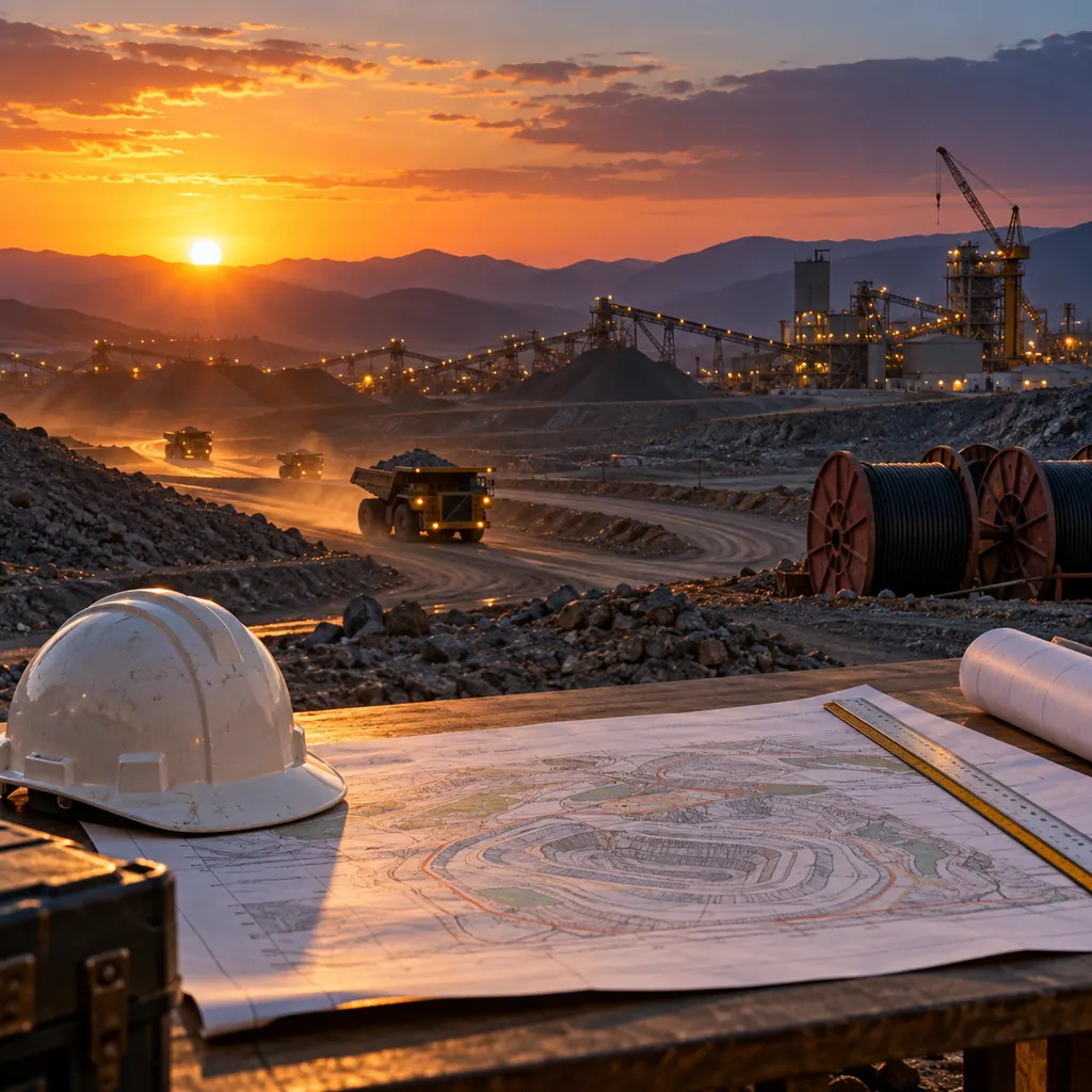 A mine and construction site skyline at dusk with cable drums and a haul road in the foreground and a planning document on a table beside a hard hat, wide establishing view, no readable text, no labels