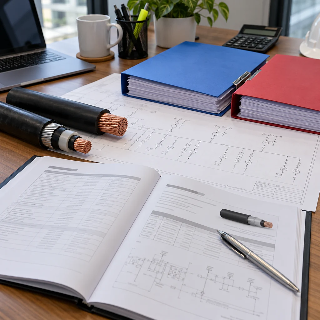 A procurement desk with an open cable enquiry document, a printed single line diagram, sample lengths of cable on the table and two suppliers' quotation folders side by side, no readable text, no labels