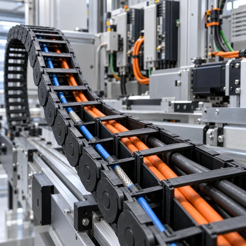 A cable chain on a production machine with a shielded industrial Ethernet cable routed beside power cables in separate compartments of the chain