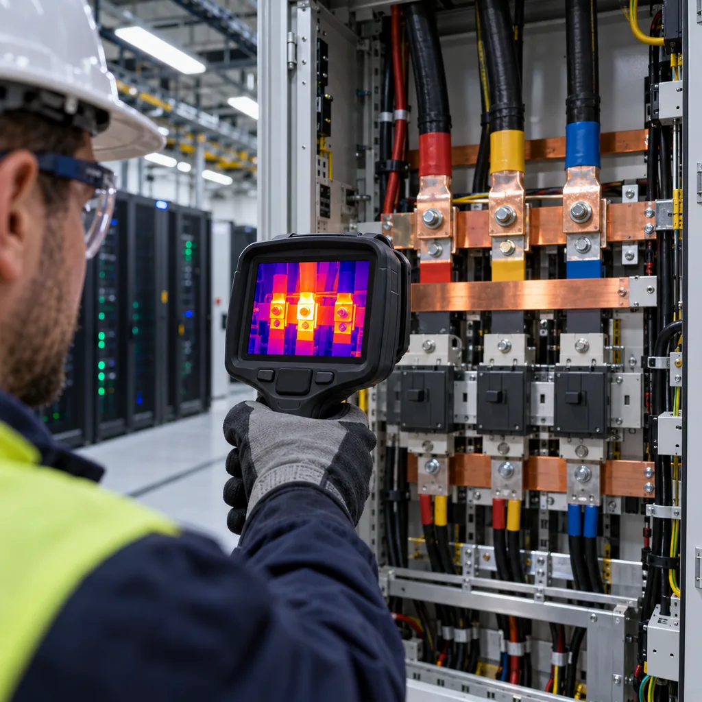 A thermographer holding an infrared camera in front of an open low voltage distribution cabinet in a data center, with thermal detail visible on the camera screen