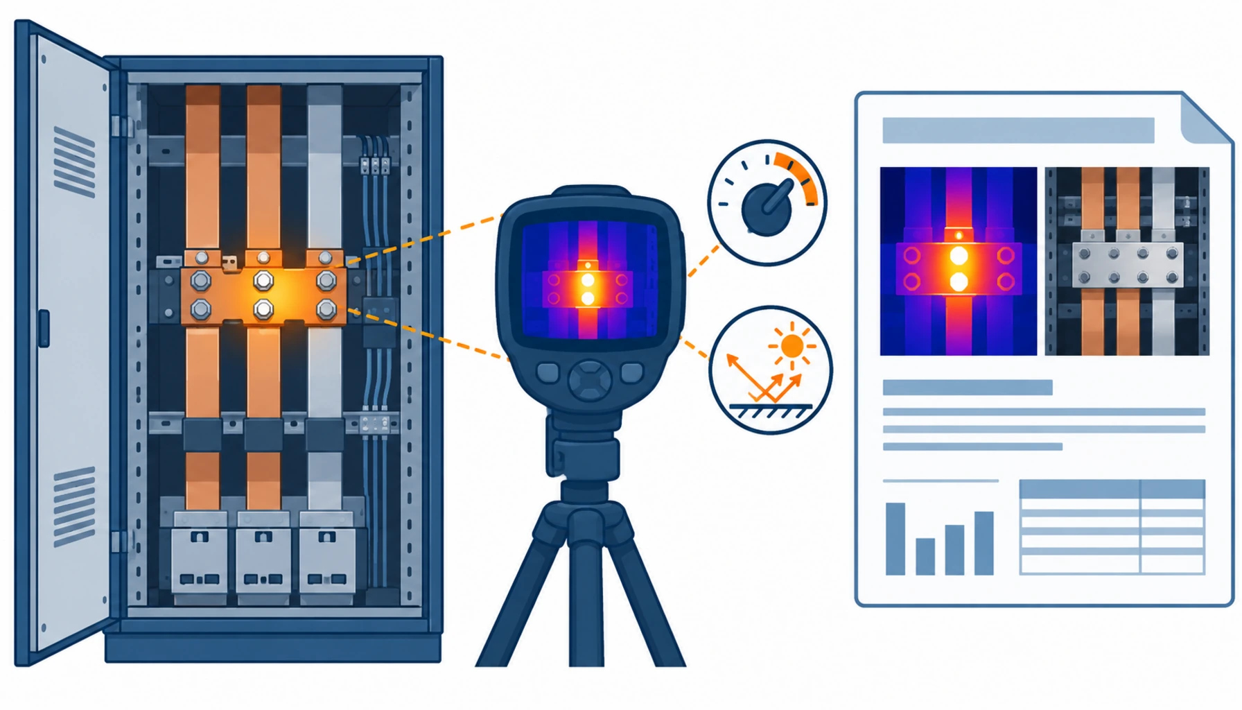 Flat infographic comparing five thermal survey options for data center commissioning: in house scan, contractor handover scan, certified thermographer with defined report, staged scans with load simulation and fixed online thermal monitoring