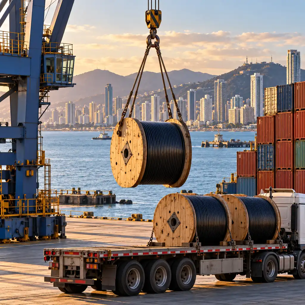 Cable drums at a Latin American port with city towers and cranes across the bay