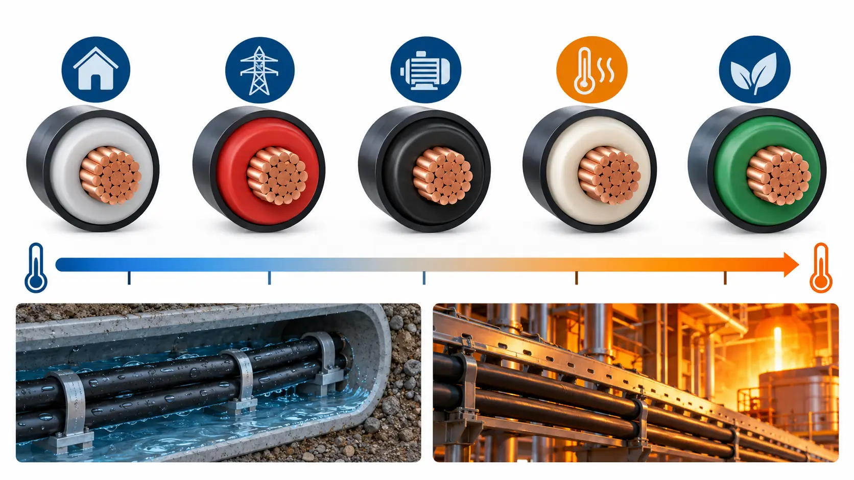 Flat infographic comparing cable insulation families: five simplified cable cross-sections in a row from PVC to silicone, with a temperature scale above them and a wet duct and a hot process pipe drawn beneath