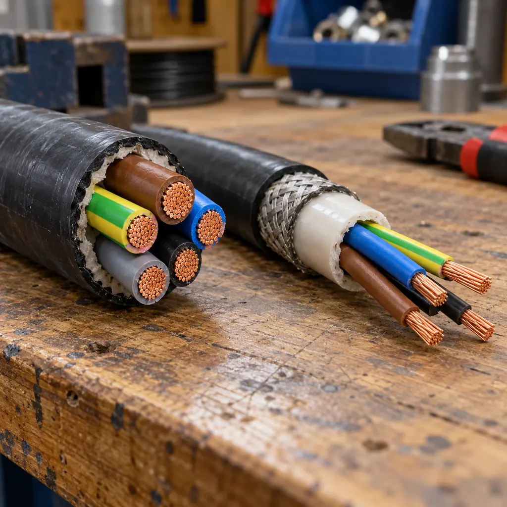 A cut length of multi-core industrial cable on a workbench showing the colour-coded insulation of individual cores, a second cable stripped back showing insulation and sheath layers, workshop lighting, no readable text, no labels