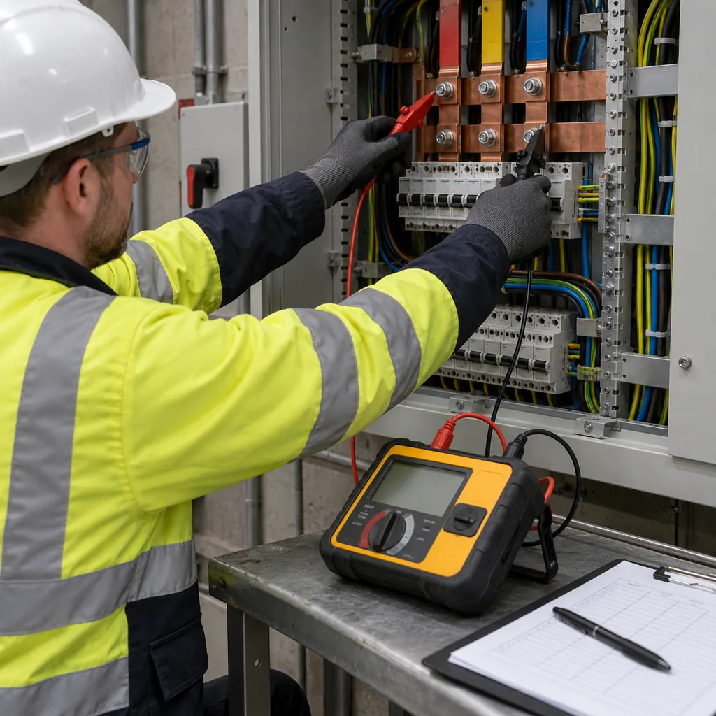An electrical technician connecting an insulation resistance tester to a low voltage distribution board with the supply isolated, test leads and a record sheet beside the instrument