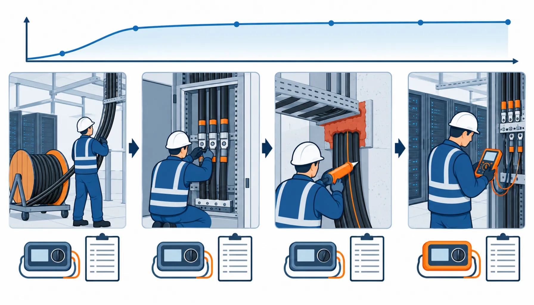 Flat infographic comparing five pre energization test regimes for a data center: single test before energization, staged testing at installation milestones, contractor tested and recorded, independently witnessed, and relying on factory certificates