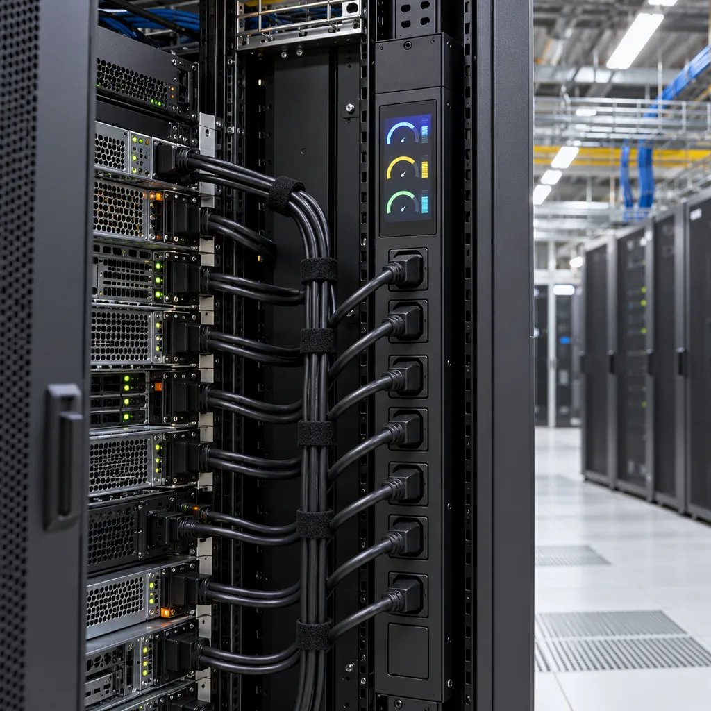 A rack power distribution unit with a digital display showing current and power readings installed in a data center cabinet, power cables dressed neatly into the rack, cable trays overhead