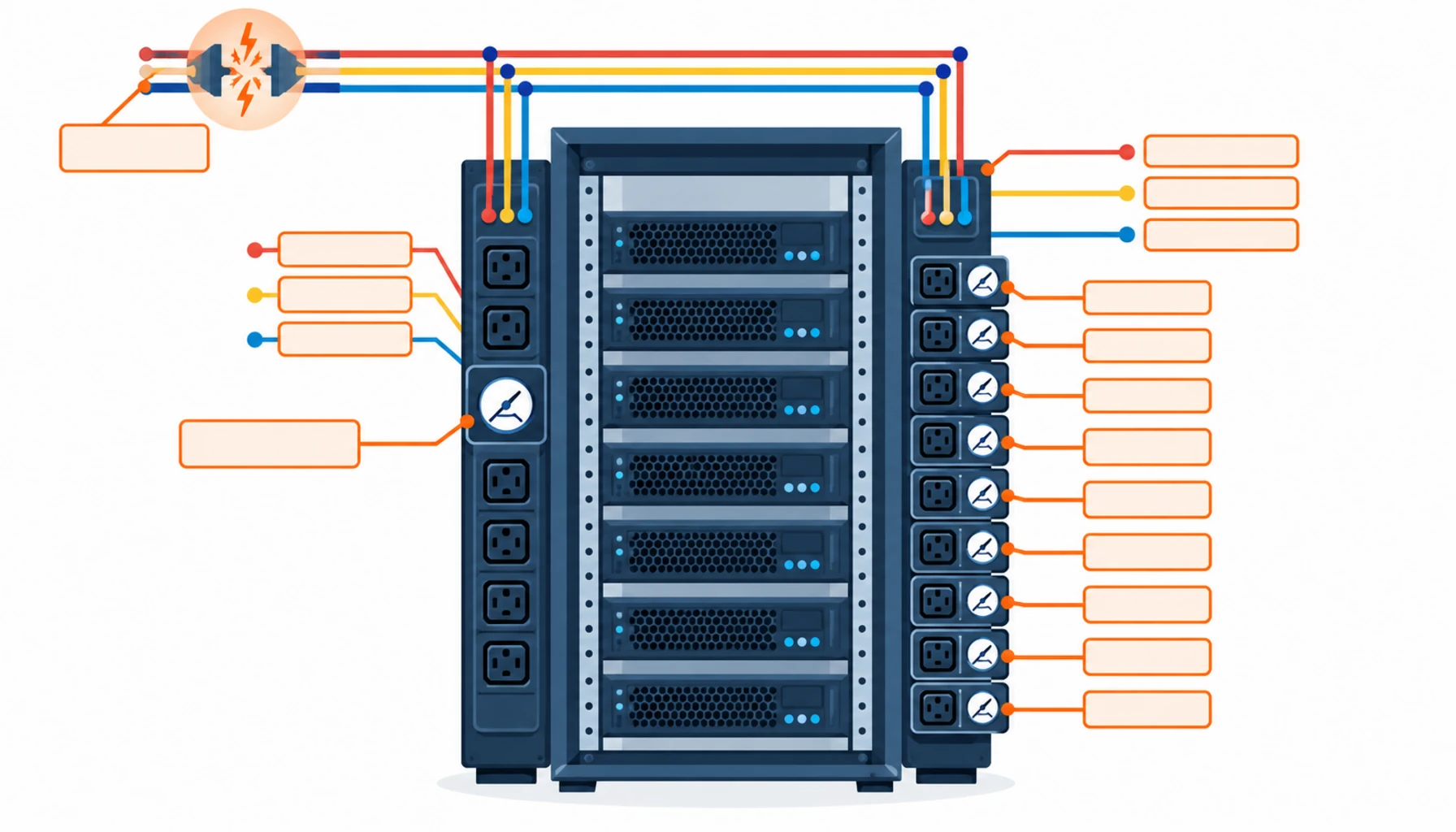 Flat infographic comparing three intelligent PDU metering levels for data center racks: input metered, outlet metered and outlet metered with remote switching