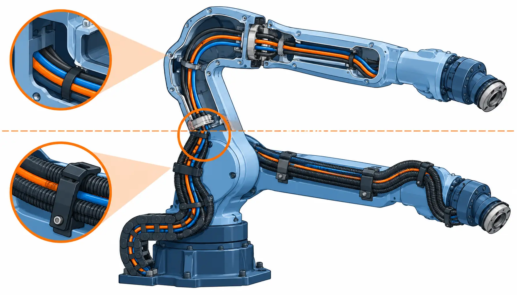 Flat infographic comparing internal wiring and external dress pack routing: a fully internal route inside the arm, a fully external dress pack, a hybrid split and an external carrier or chain