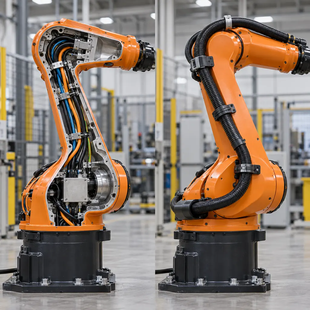 Photorealistic scene: a robot arm shown twice side by side, one with a bundle running inside an open casting and one with a dress pack carried outside along the links, a clip and a guide visible on the external route, clean industrial lighting, no readable text, no labels