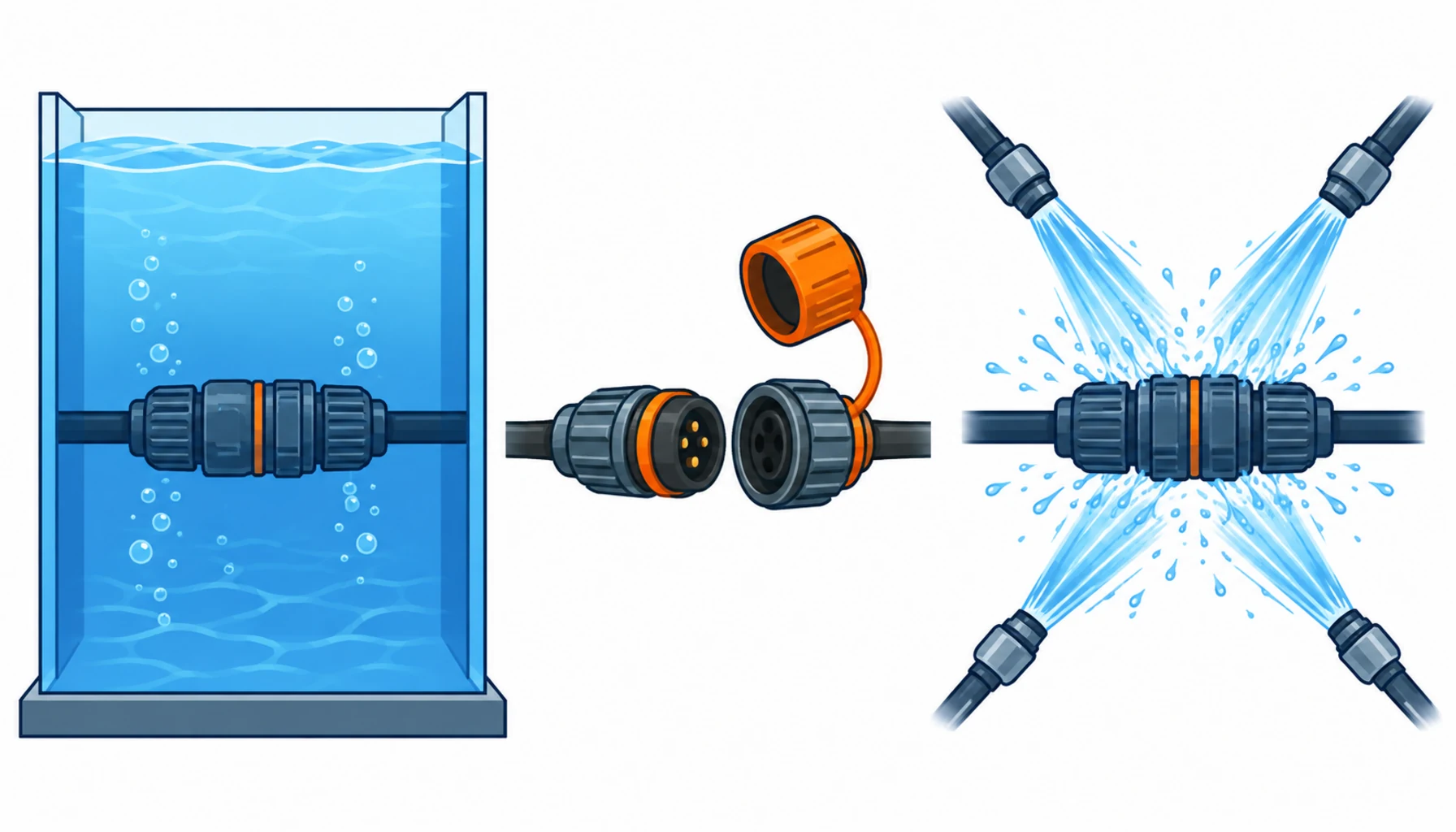 Flat infographic comparing five machine zones with the IP rating each requires: a dry cabinet interior, a splashed humid zone, a hose-down area, a high-pressure washdown and CIP station with a spray lance, and an outdoor UV-exposed location, each zone shown with a mated connector and the sealing evidence it needs
