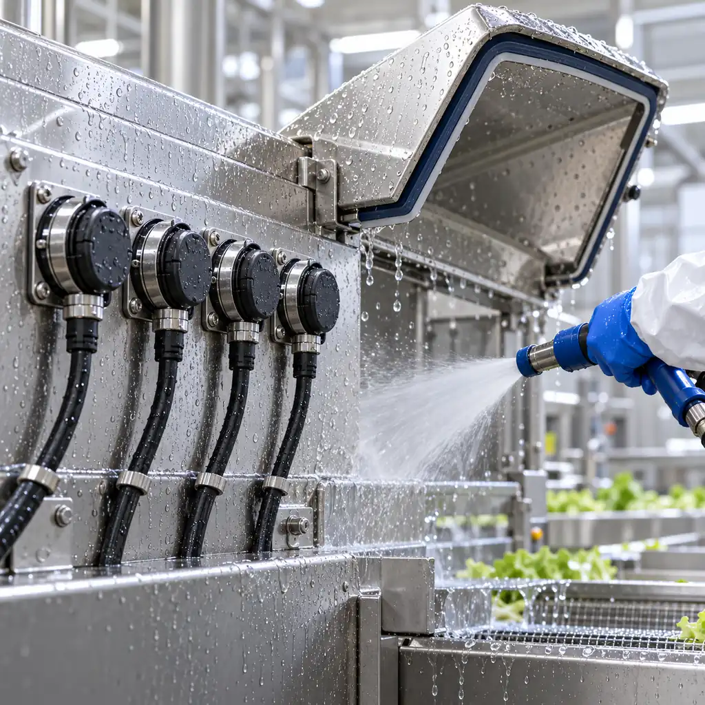 A row of sealed circular connectors on a washdown food processing machine beside a high-pressure spray lance and a cut-away hood showing its gasket, water droplets on stainless surfaces, bright industrial lighting, no readable text, no labels