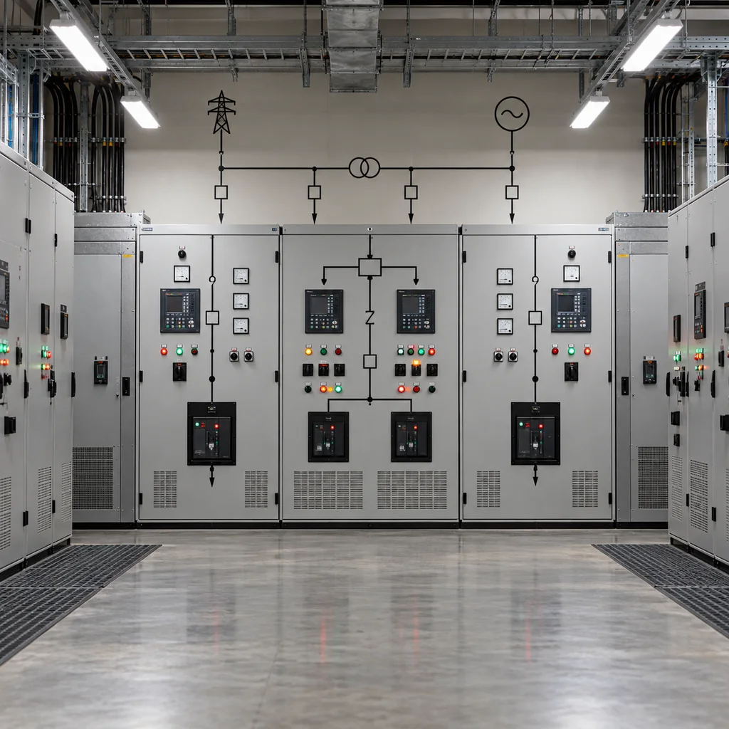 A data center main switchroom with a grid incoming panel, a generator incomer and a synchronising panel between them, protection relays and a mimic diagram on the wall, industrial lighting, no readable text, no labels