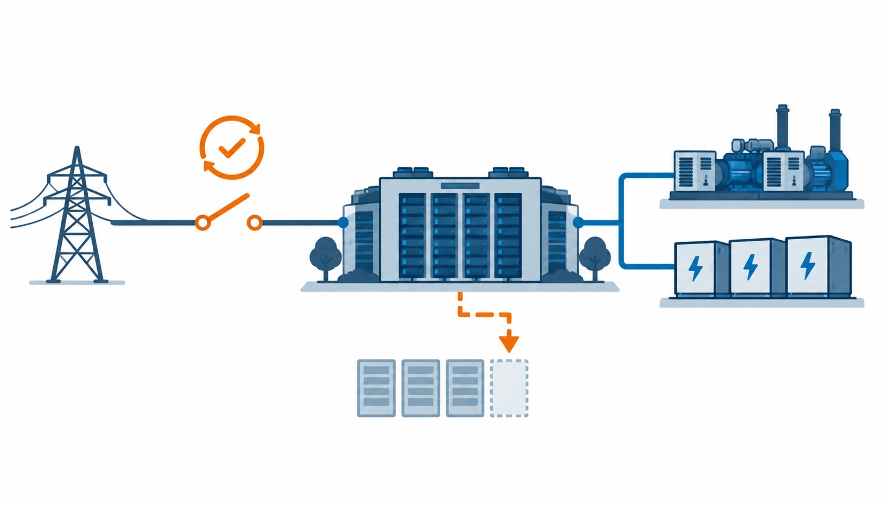Flat infographic comparing four islanding and grid transfer arrangements for a data center: mechanical transfer with standby, static transfer with island control, generator island with load management and inverter based islanding