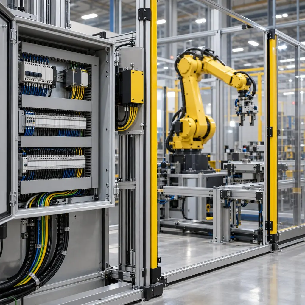 A robot cell integration scene with an articulated robot behind light guards, safety relays and a control cabinet in the foreground