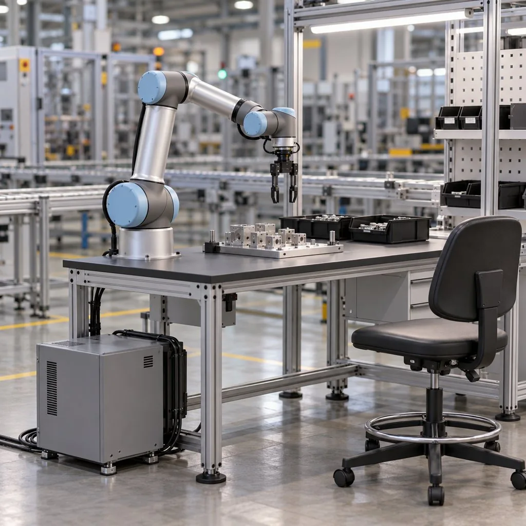 A collaborative robot working beside a human operator at an assembly bench, with a small controller cabinet nearby