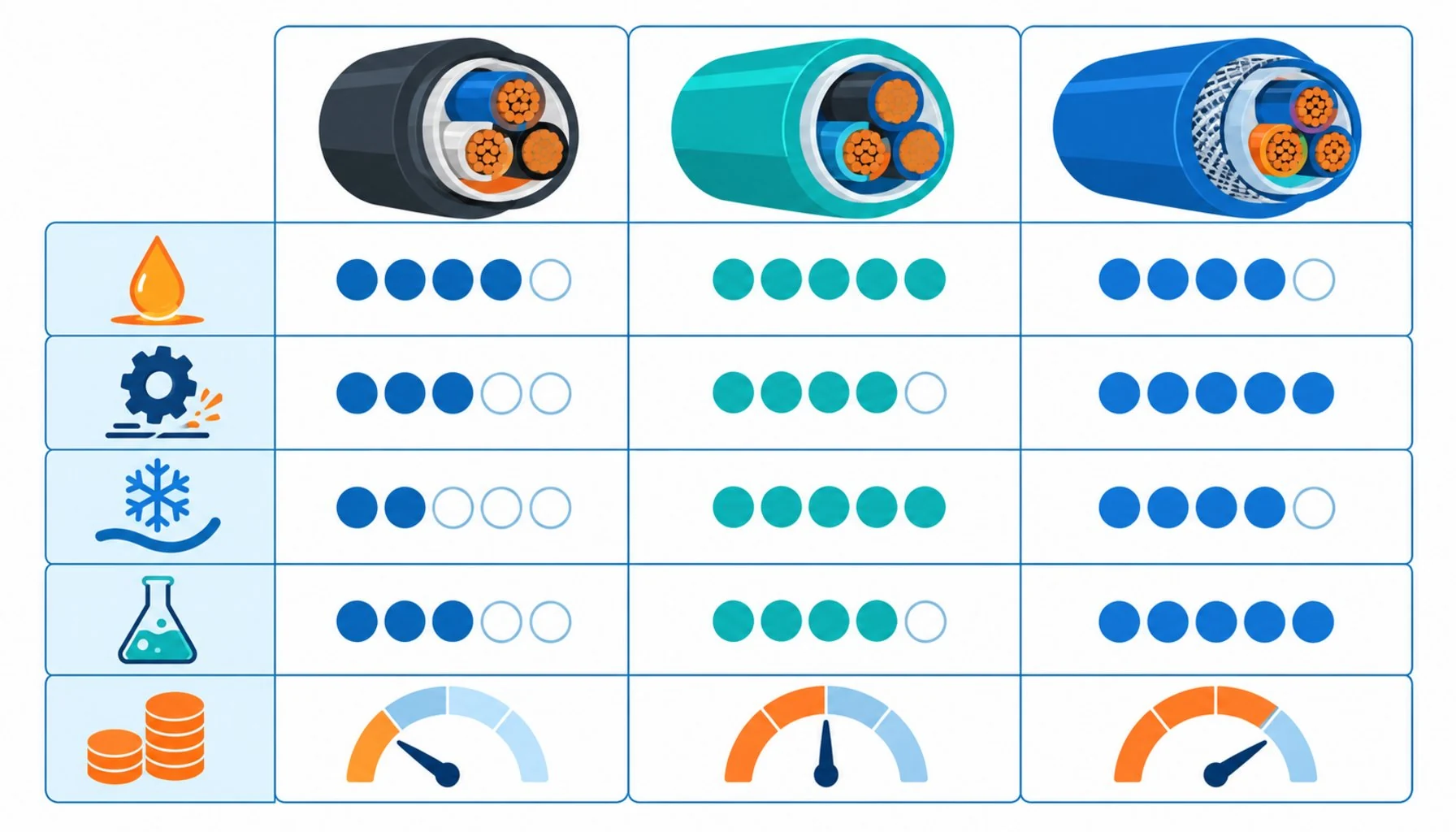 Flat infographic comparing three jacket compounds across rows for oil, abrasion, cold flex and cost with icon ratings