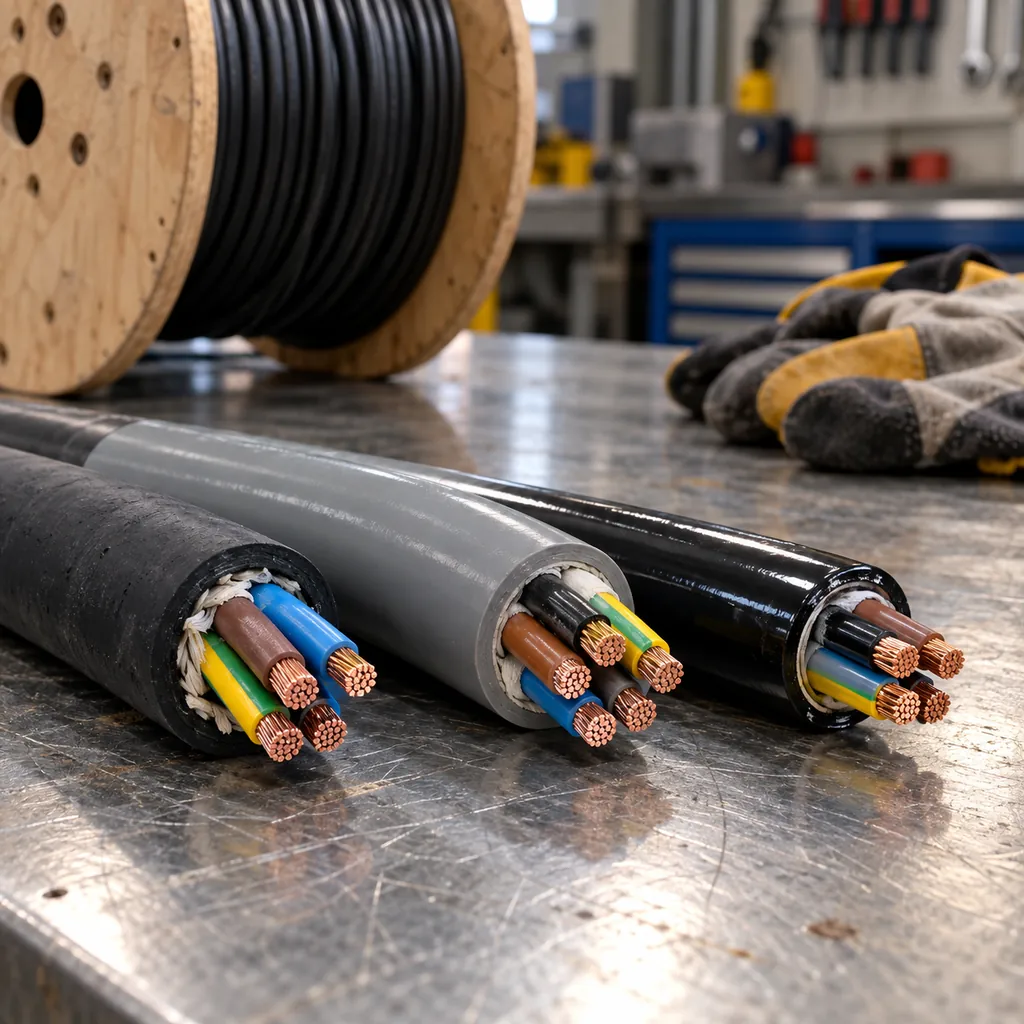 Three cut cable samples on a steel bench showing different outer sheath materials, one matt black rubber, one grey thermoplastic and one glossy polyurethane, with a cable drum and gloves behind, workshop lighting, no readable text, no labels