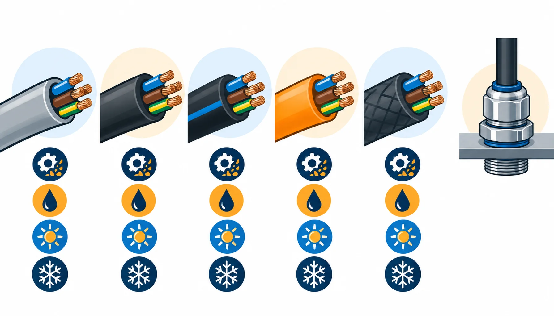 Flat infographic of cable jacket selection: five sheath families drawn as cut cable ends against icons for abrasion, oil, sunlight and low temperature