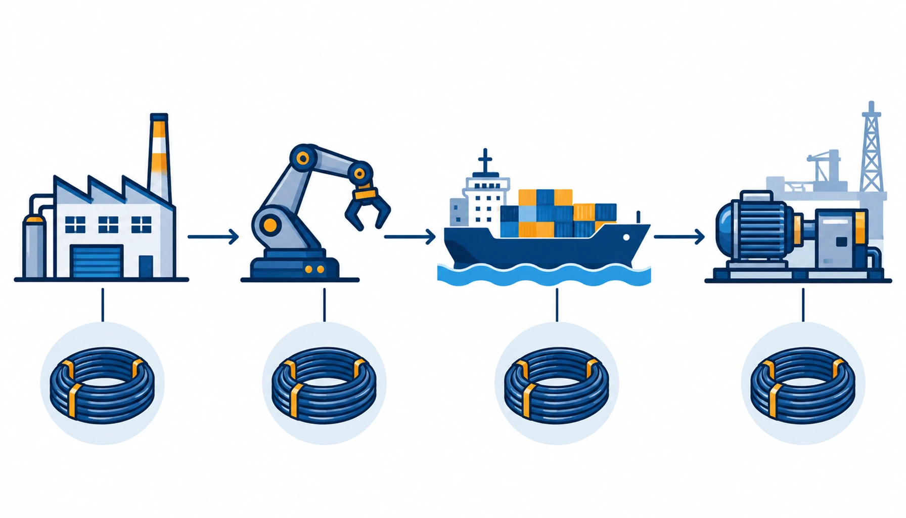 Flat infographic of a Japanese robot export flow: a factory icon, a robot arm icon and a ship icon connected to a cable coil icon