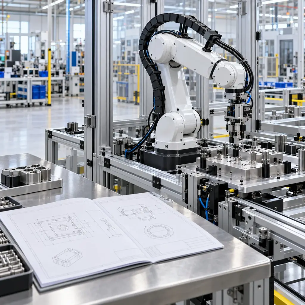 A robot cell on a Japanese factory floor with cable routed through a carrier, a specification drawing open on a bench nearby