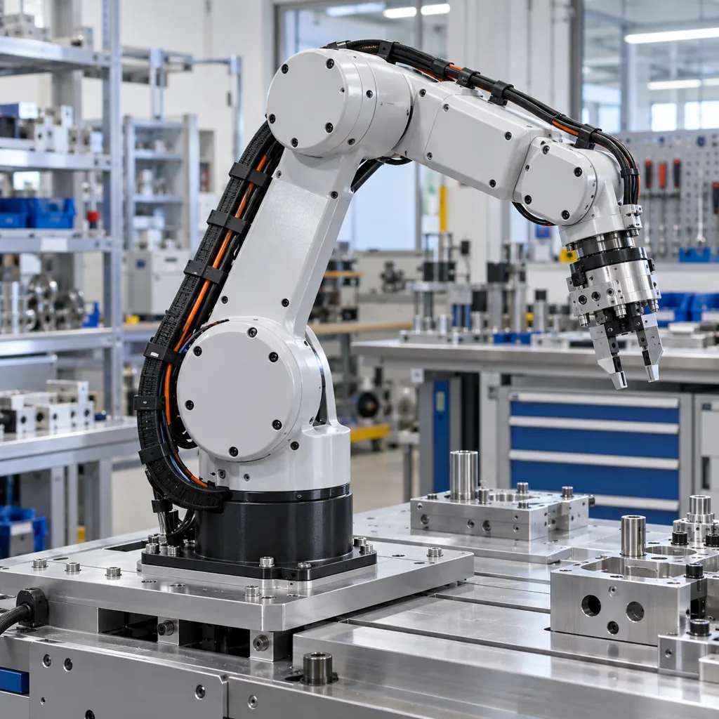 A Japanese machine assembly workshop with a robot arm on a test stand and servo cable routed through a carrier along its base
