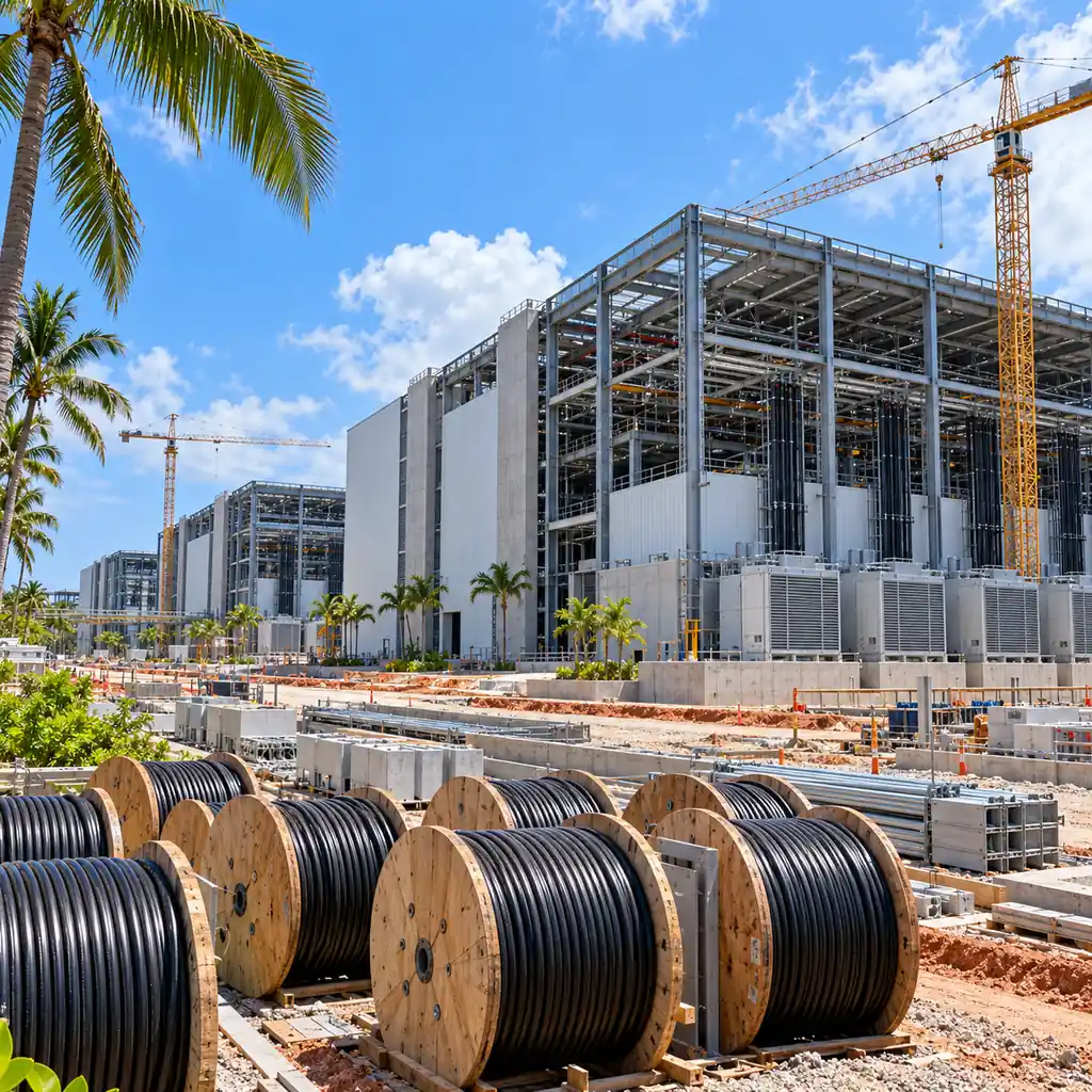 Data center halls under construction in Johor with MV feeder cable drums on site