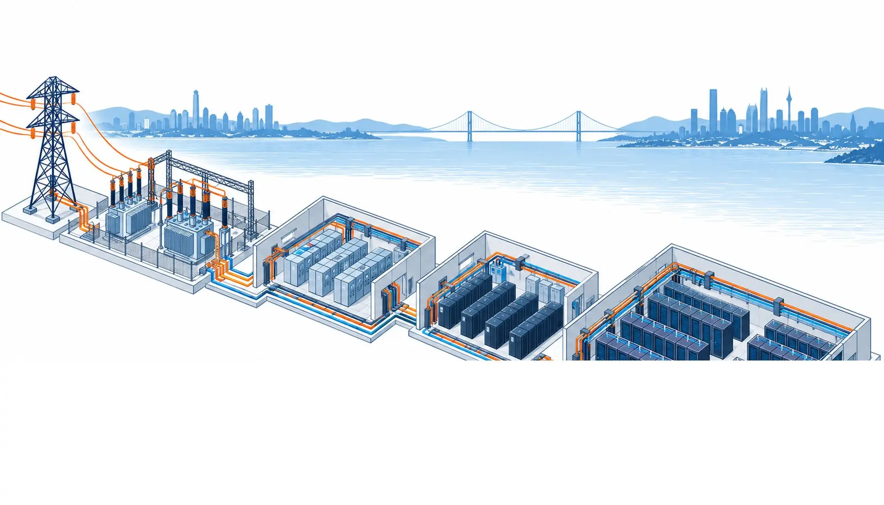 Isometric illustration of a Johor data center campus power chain from grid intake through substations and UPS strings to racks, with cable families layered