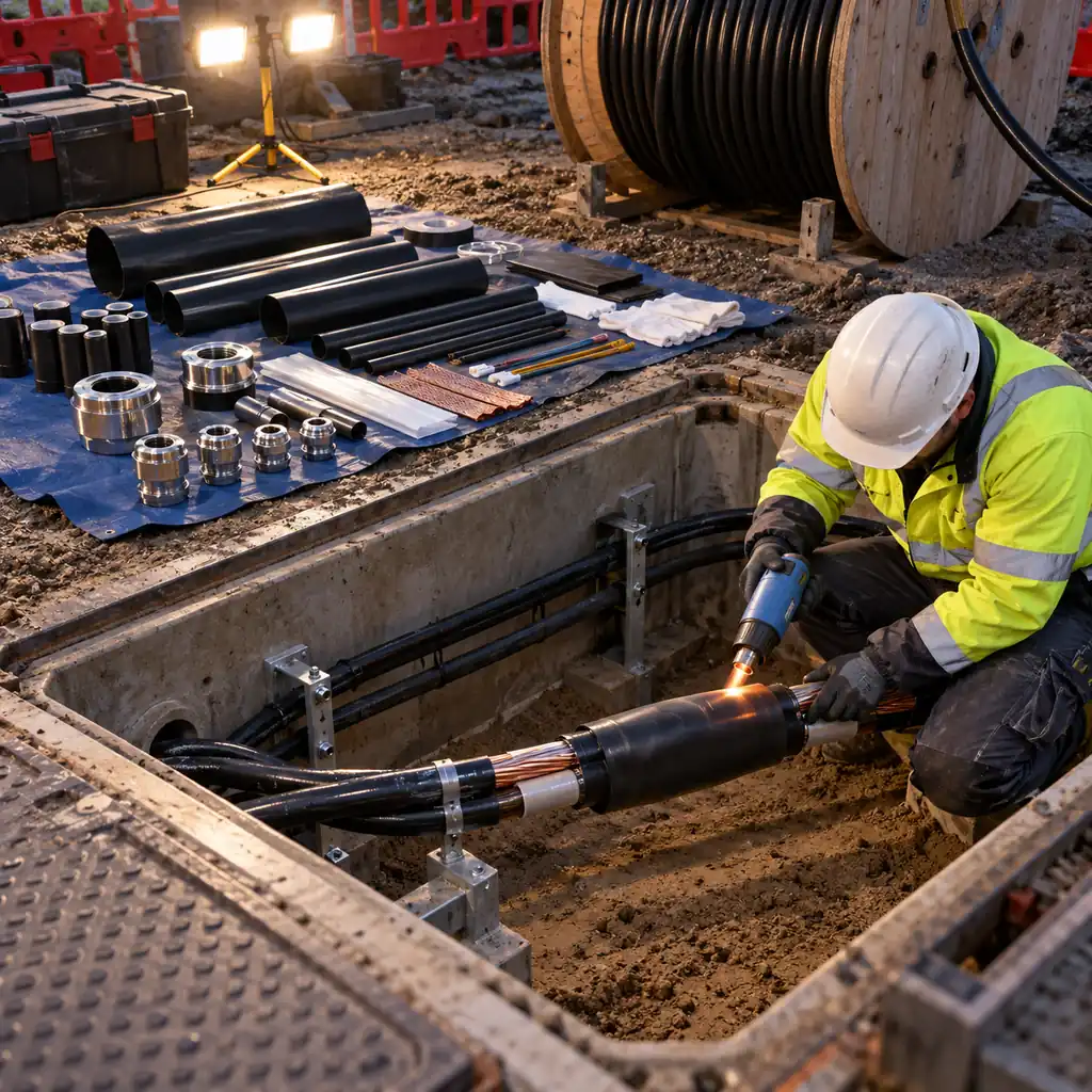 An open cable joint bay with a heat shrink joint being worked on beside a cable drum and a selection of joint kits and glands laid out on a mat, no readable text, no labels