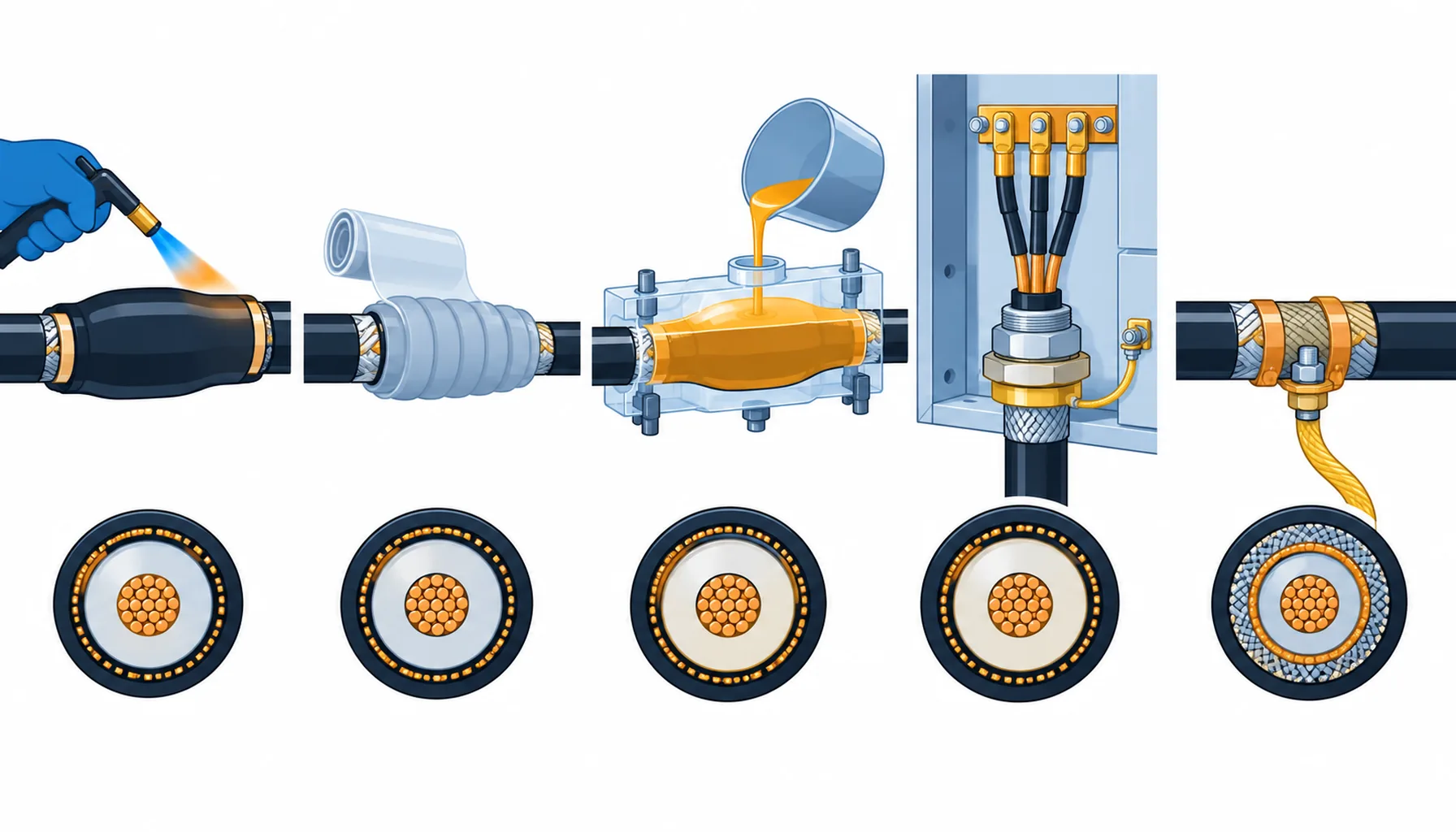 Flat infographic of cable joint and termination kit types: heat shrink, cold shrink, cast resin, a gland termination and screen bonding accessories