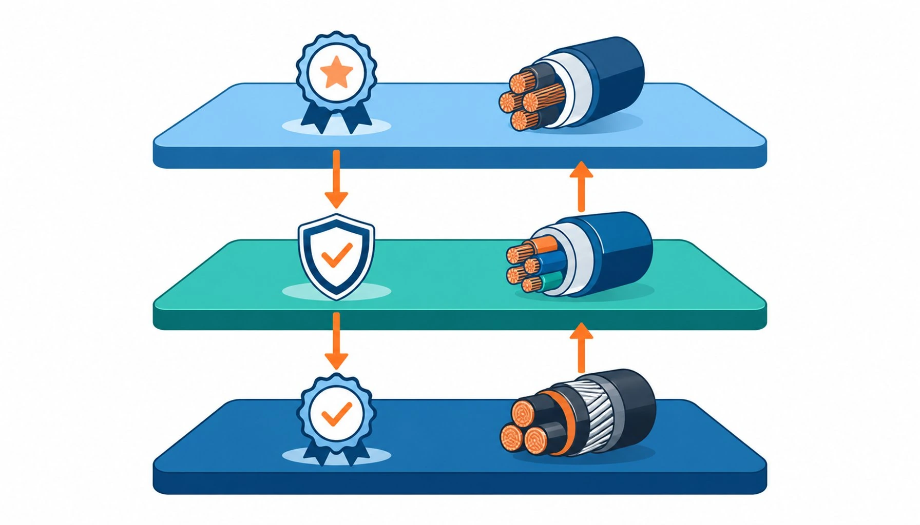Flat infographic of stacked certification tracks with vertical arrows showing routing between them