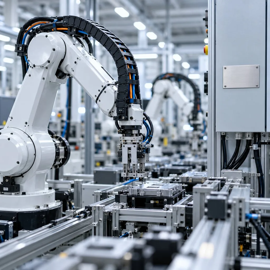 A robot production line in a Korean electronics plant with cable routed through a carrier, certification labels visible on a nearby panel