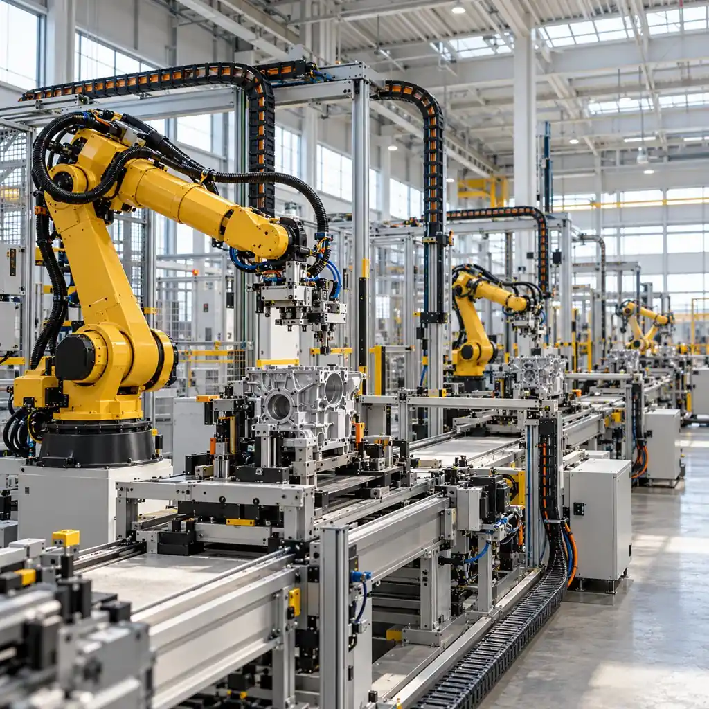 A manufacturing hall where robot cells operate along a production line with very few workers, cable carriers running between the automated stations