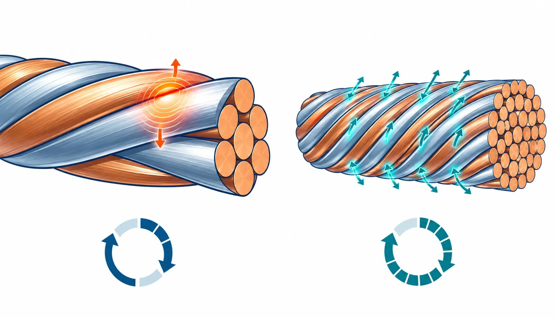 Flat infographic comparing long lay and short lay conductor geometry with strain sharing arrows and cycle count icons