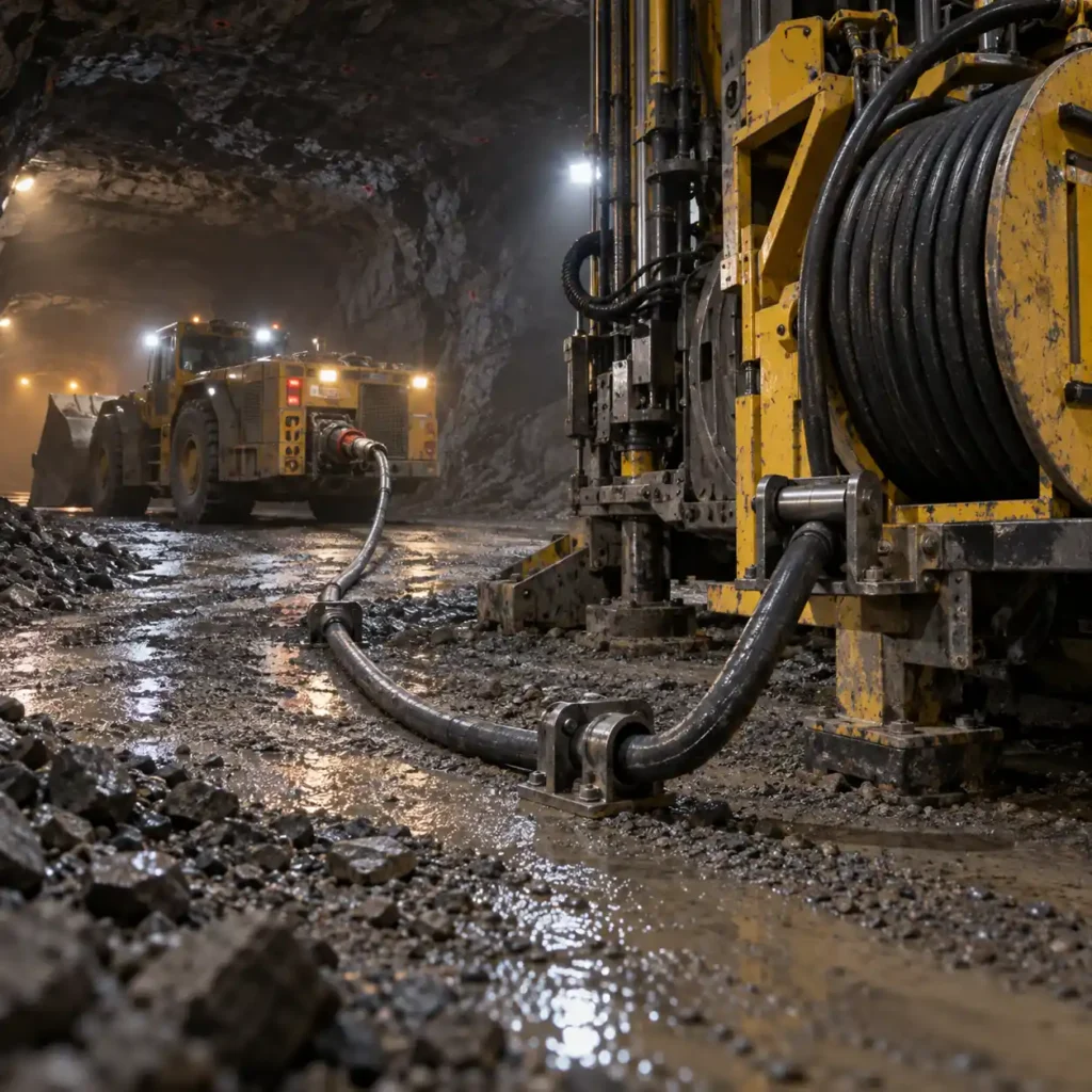 A rubber trailing cable running from a reel on a drill rig across wet gravel toward an underground loader, cable guides and a coupler visible near the machine, dim tunnel lighting with dust, no readable text, no labels