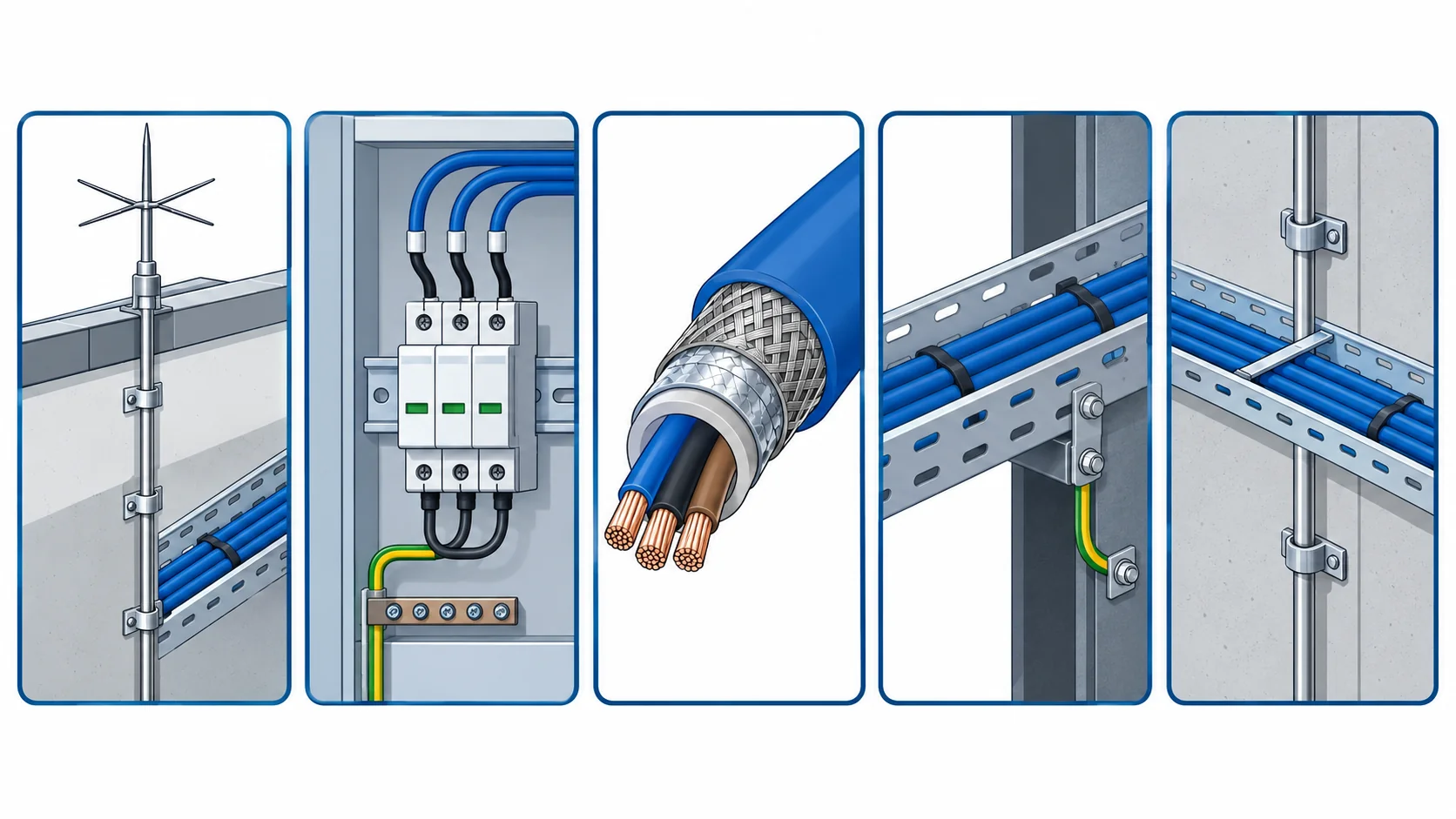 Flat infographic of where a surge enters an industrial cable route: an air termination, a down-conductor beside a cable tray, a screened cable, a bonded tray run and a service entry
