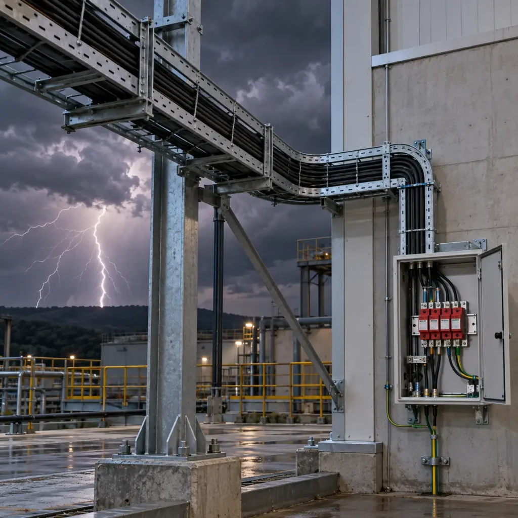 An industrial cable tray running down a steel structure toward an earthed building entry, with a storm sky behind and a surge protection cabinet at the wall, no readable text, no labels