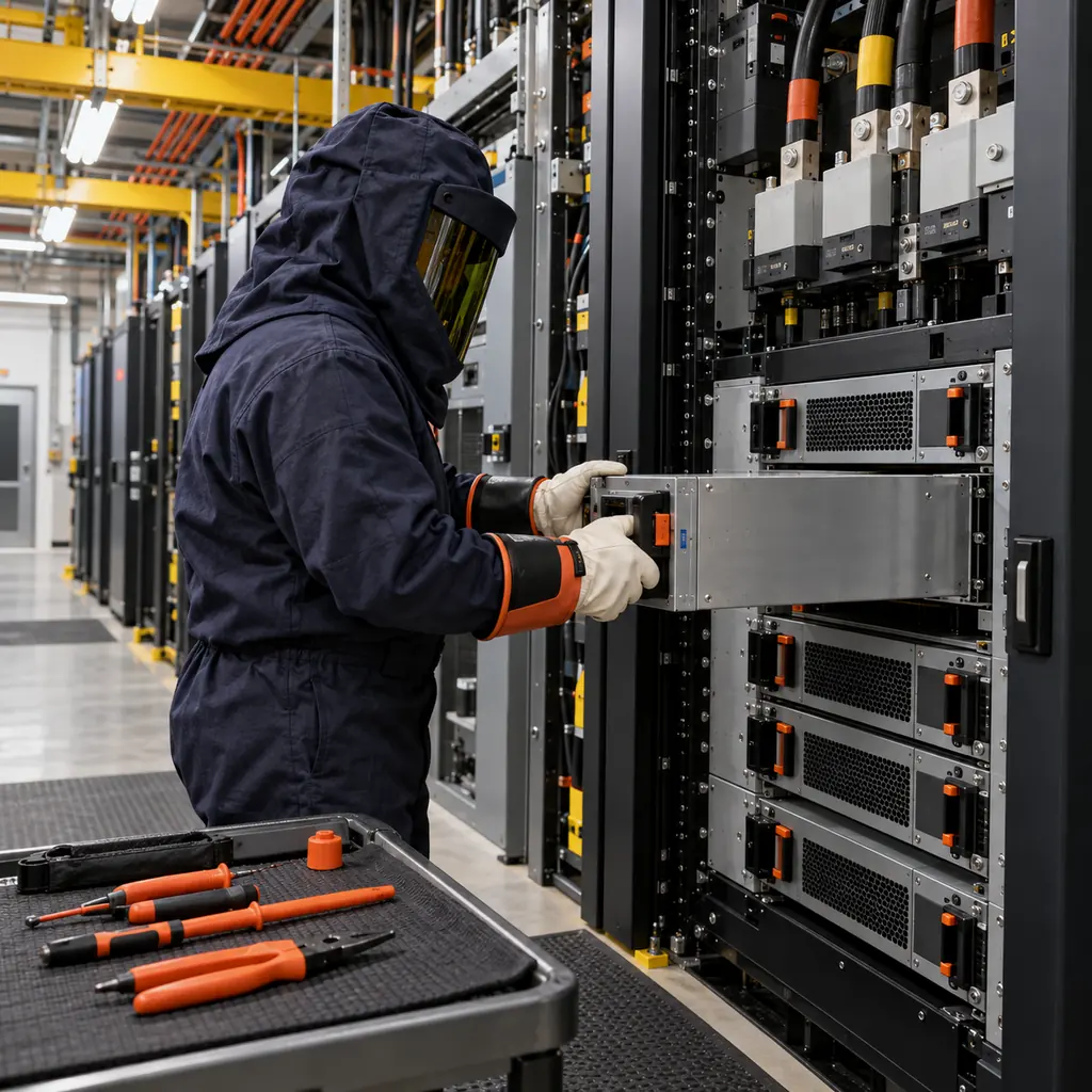 A technician replacing a removable power module in a live data center power shelf with the busway and surrounding racks still energized