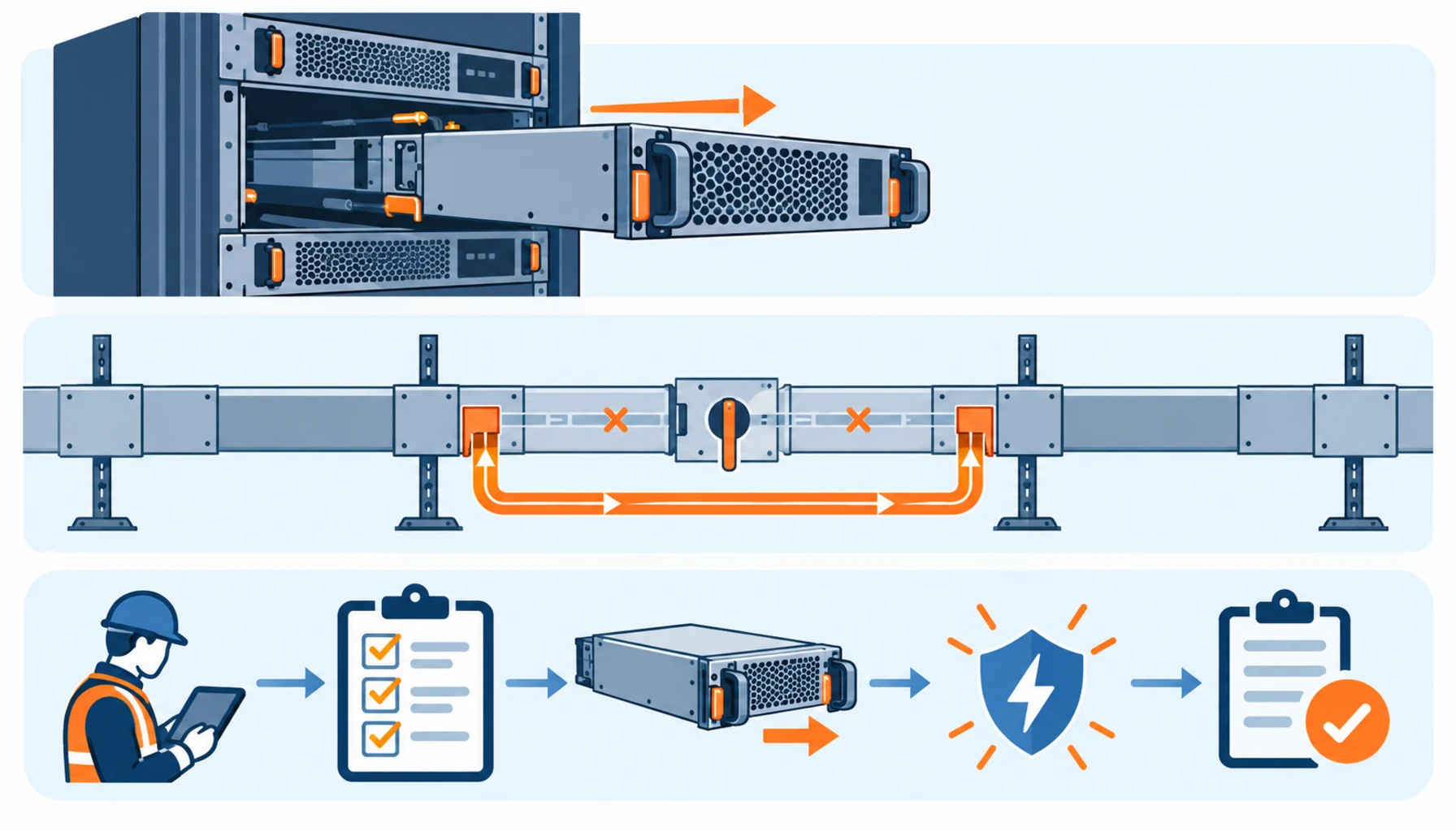 Flat infographic of the three levels of live swap capability in data center power equipment