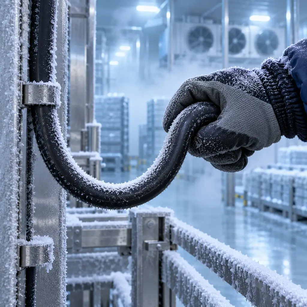 A flexible cable being bent inside a cold storage facility with frost visible on nearby equipment surfaces