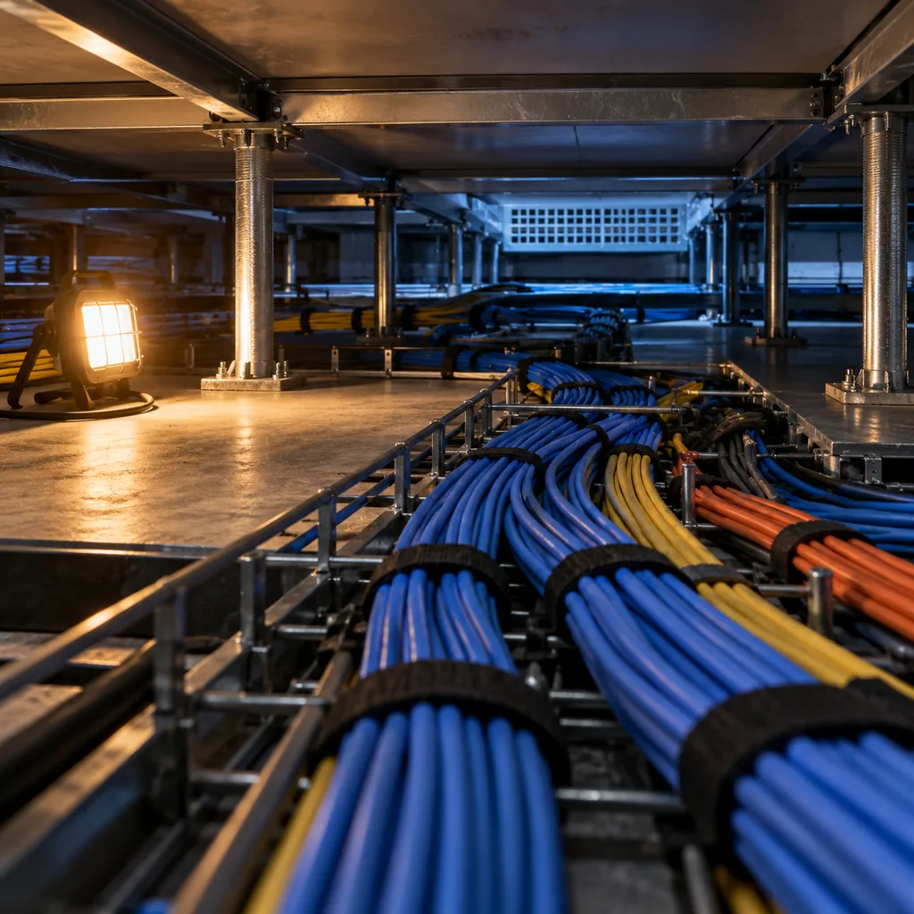 Network cables in an enclosed cable tray under a raised floor with an LSZH sheath label visible