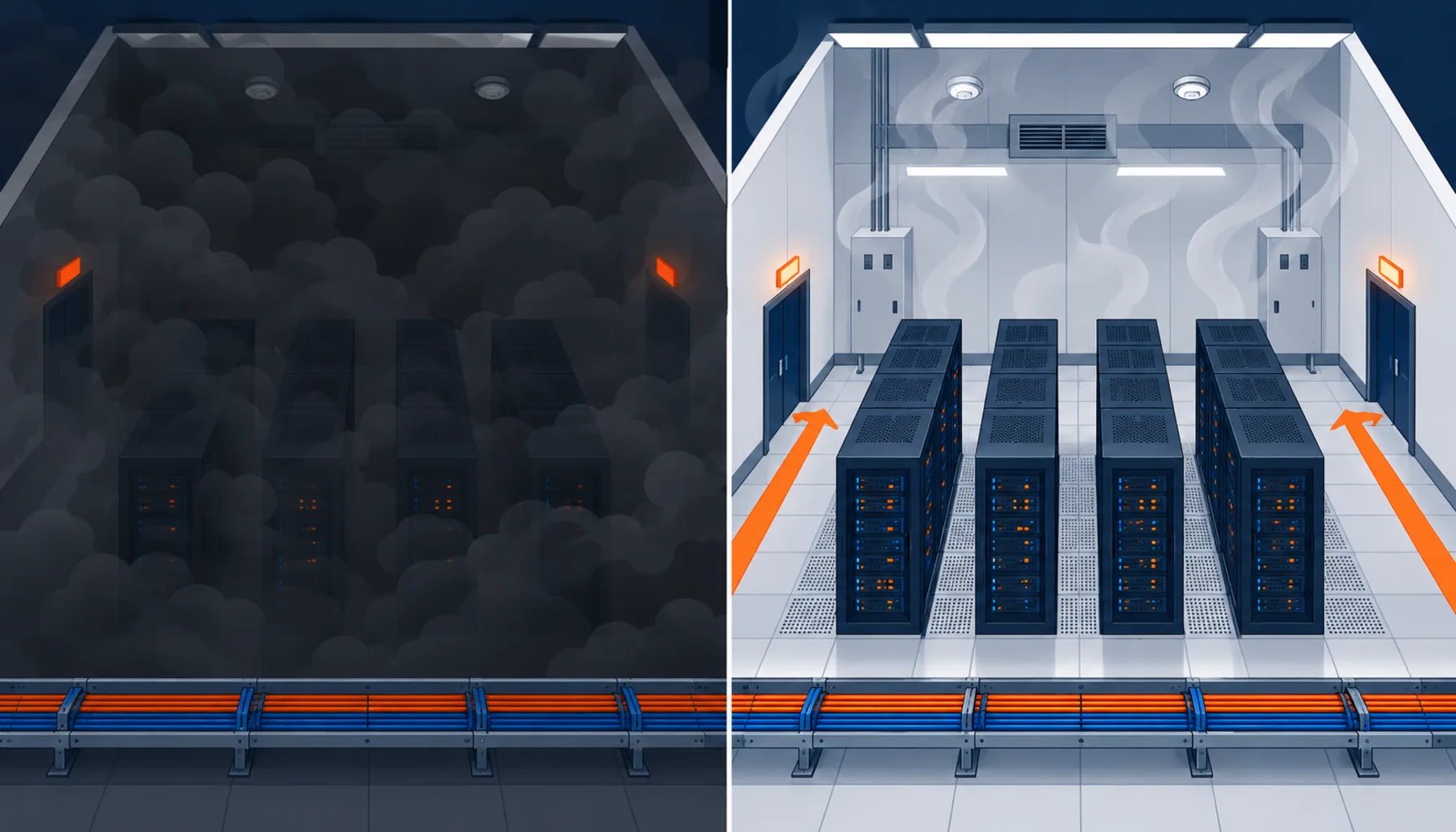 Flat infographic contrasting dense dark smoke filling an enclosed room on one side and thin clear smoke on the other