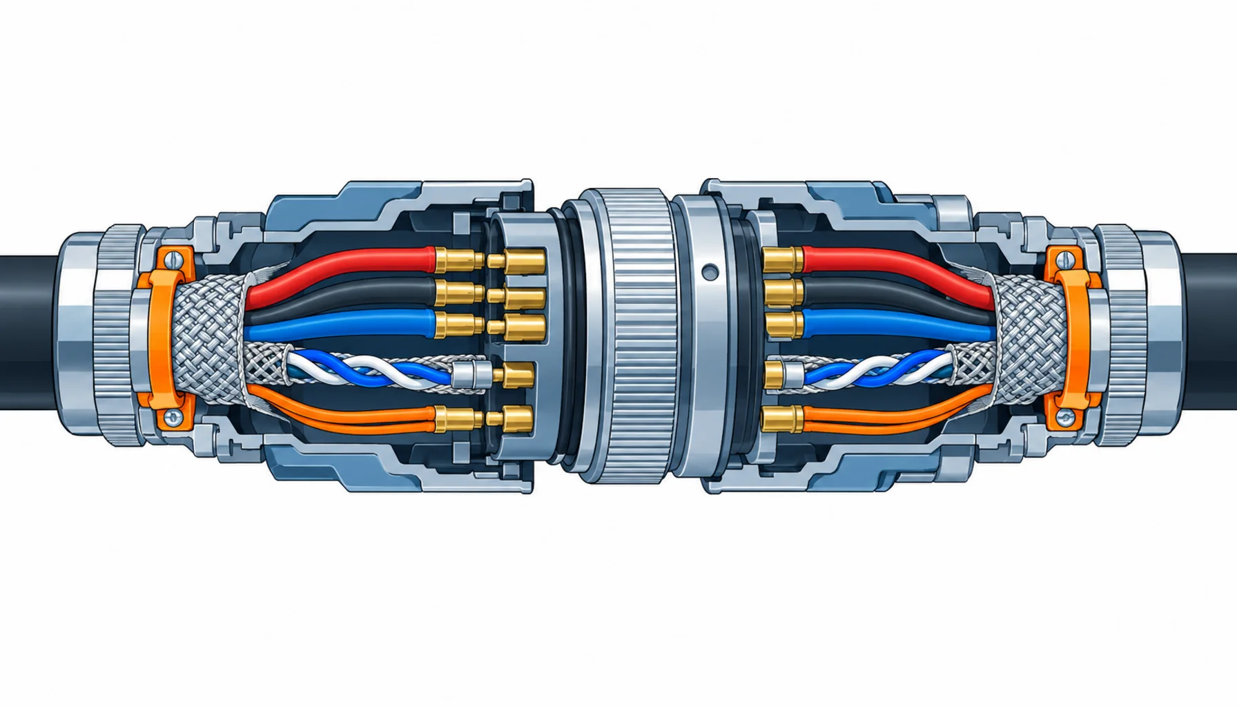 Flat infographic comparing five M23 circular connector variants for servo axes: a power insert with large crimp contacts, a hybrid insert with power and screened feedback zones, a screened signal insert for encoder pairs, a brake circuit insert, and a threaded coupling ring with keyway