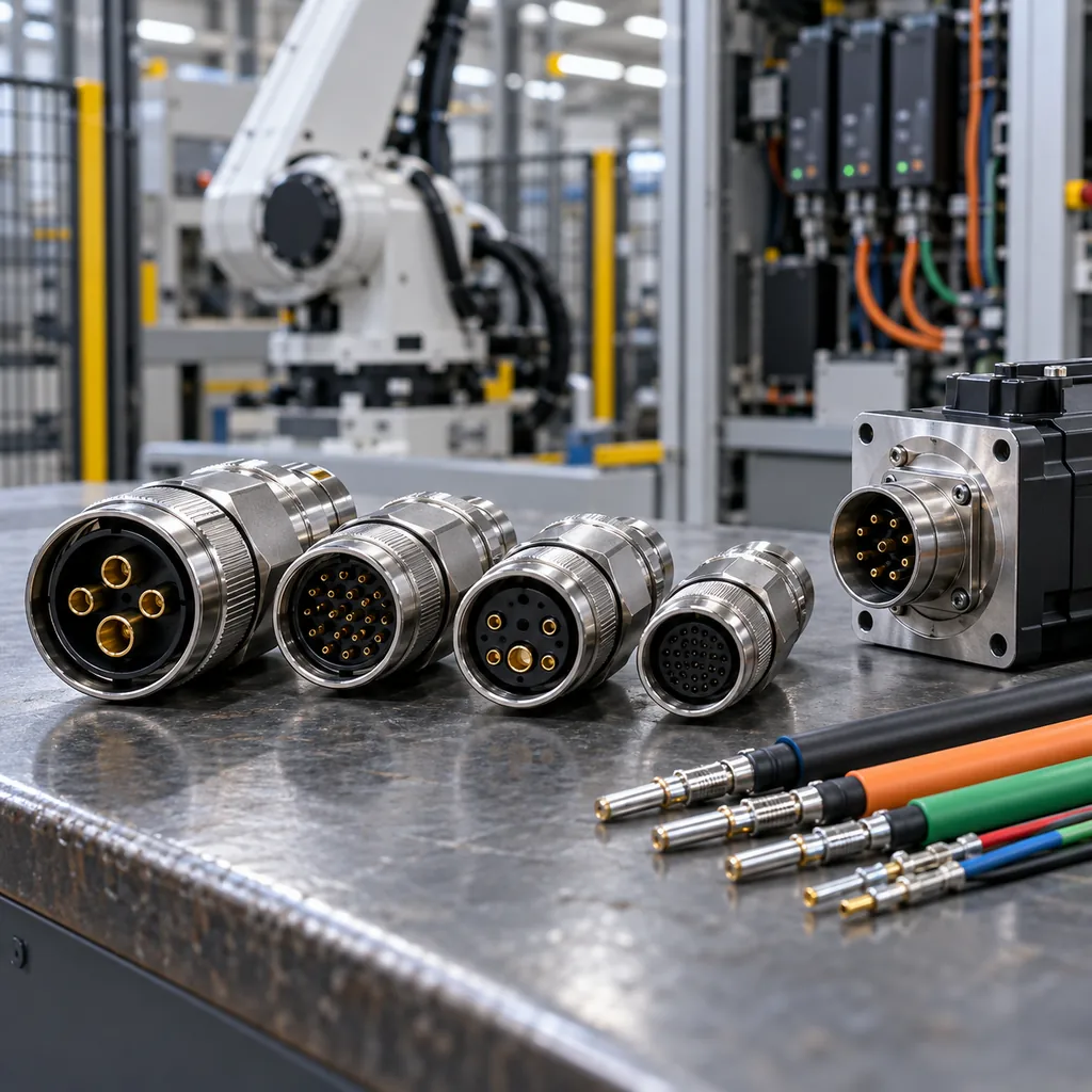 A row of M23 circular connector hoods with power and feedback inserts beside a servo motor connector flange and crimped cable ends on a workshop bench, a robot axis and servo drive cabinet blurred behind, clean industrial lighting, no readable text, no labels