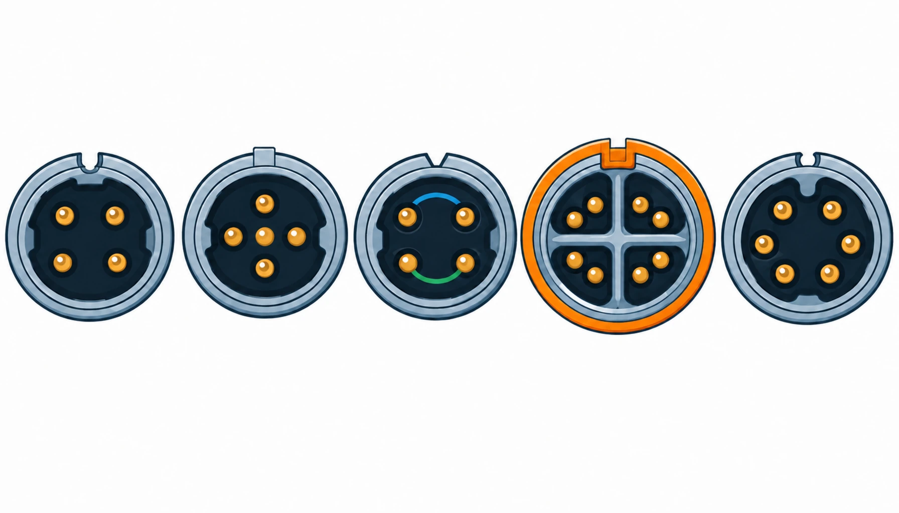 Flat infographic comparing five M8 and M12 connector coding variants for automation: a small M8 sensor connector, an M12 A-coded power connector, a B-coded fieldbus connector, a D-coded Fast Ethernet connector and an X-coded Gigabit Ethernet connector with eight contacts