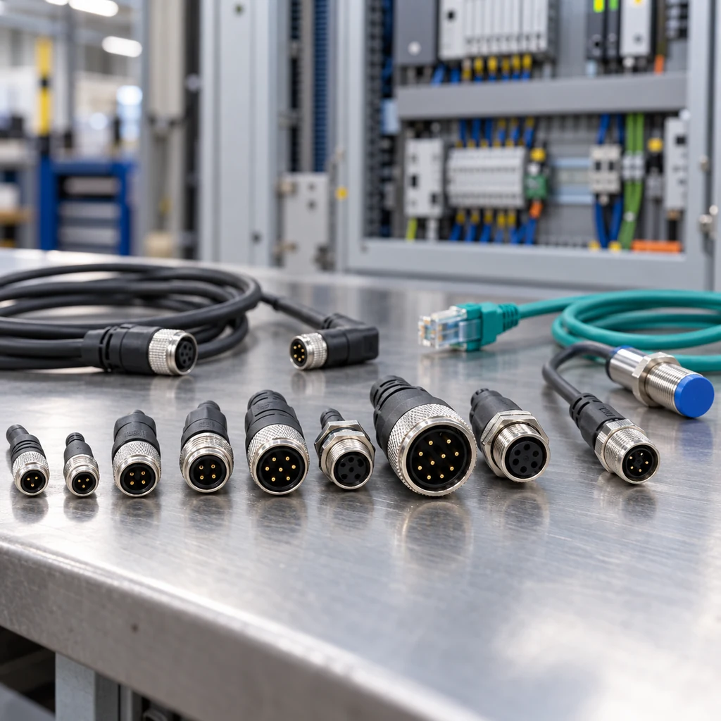 A row of M8 and M12 circular connectors with different pin counts laid out on a workshop bench beside pre-molded cable ends, an Ethernet patch cord and a sensor cable among them, an automation cabinet blurred in the background, clean industrial lighting, no readable text, no labels